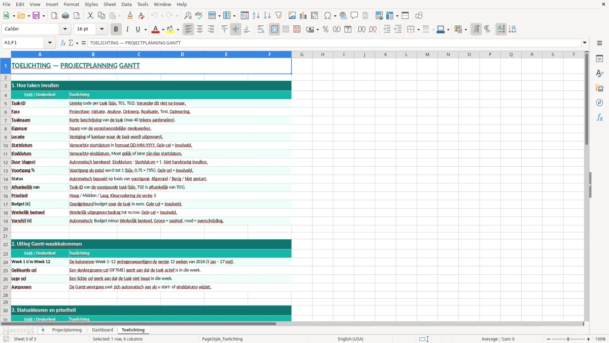 Captura de tela 3: Aba Toelichting - Planilha Excel projectplanning excel voorbeeld gantt