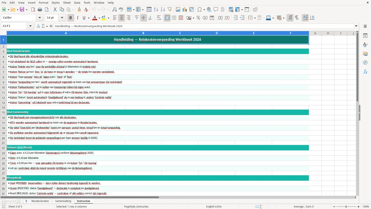 Captura de tela 3: Aba Instructies - Planilha Excel reiskostenvergoeding voorbeeld excel