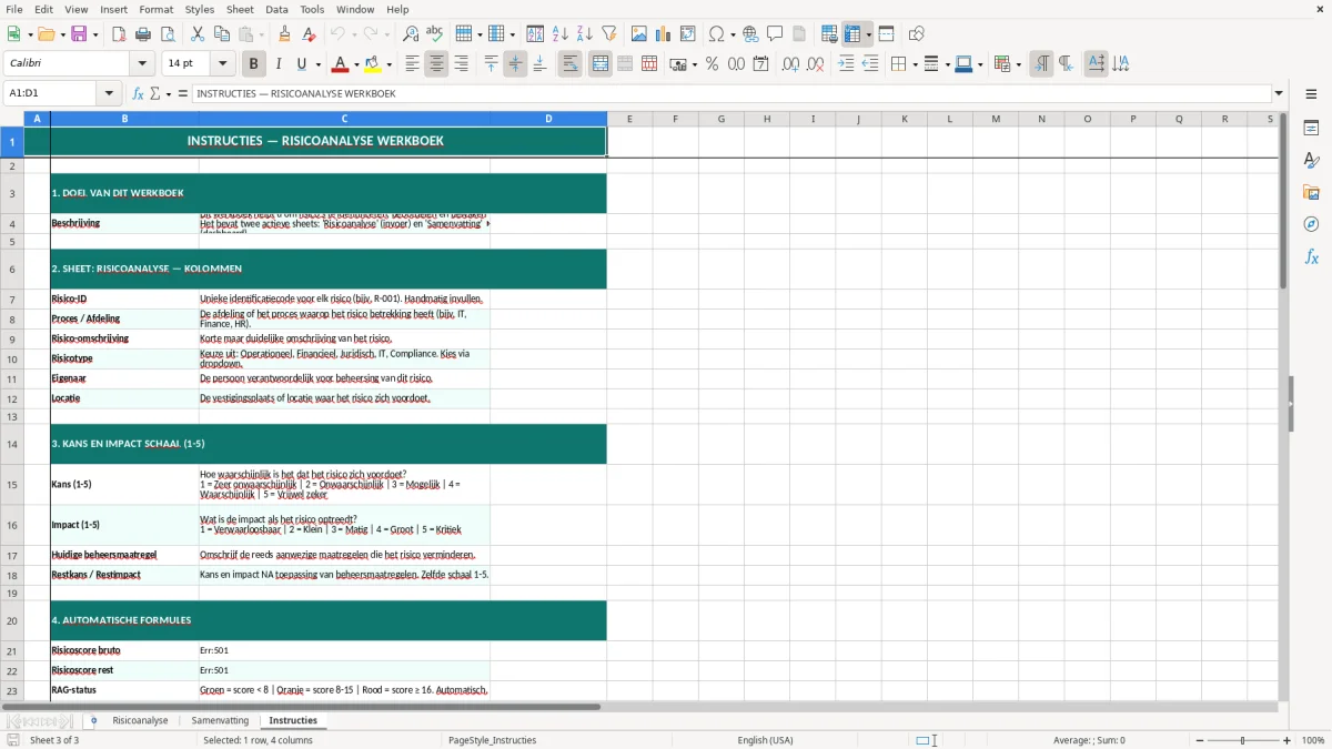 Captura de tela 3: Aba Instructies - Planilha Excel risicoanalyse voorbeeld excel