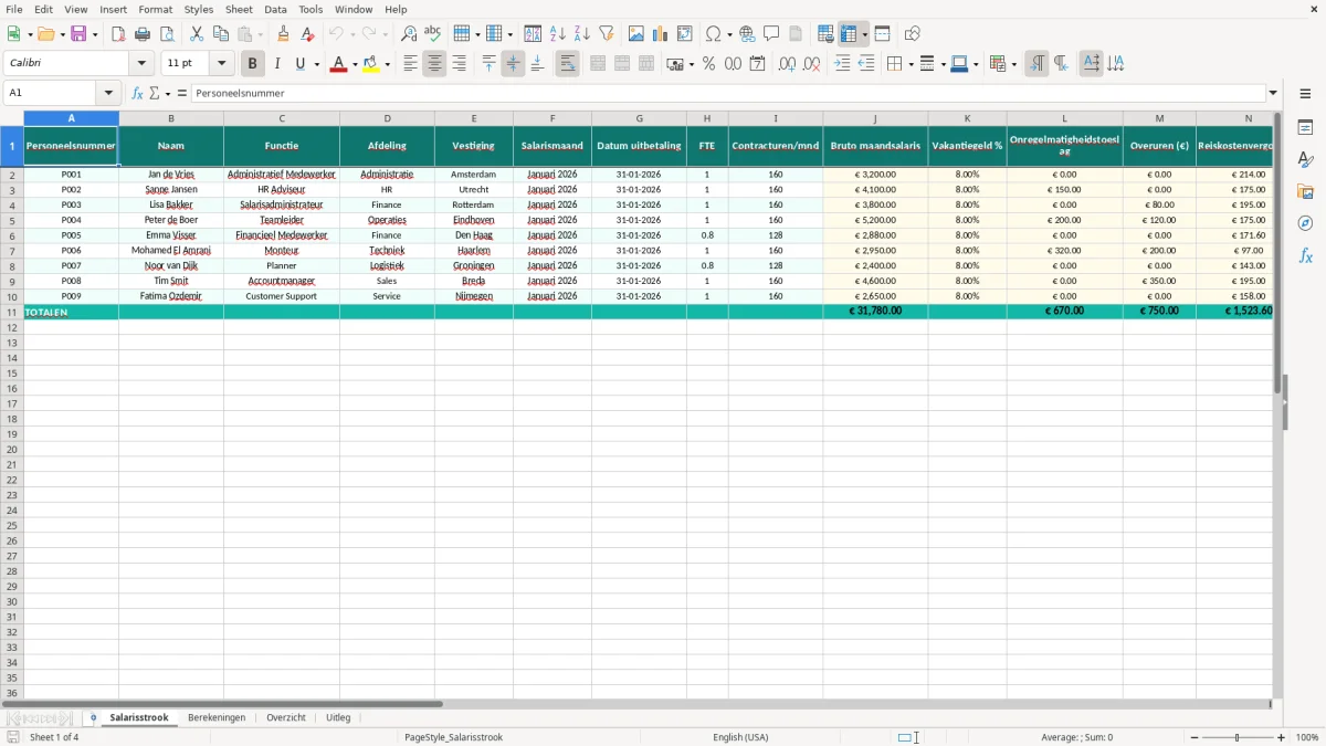 Captura de tela 1: Aba Salarisstrook - Planilha Excel salarisstrook excel template voorbeeld