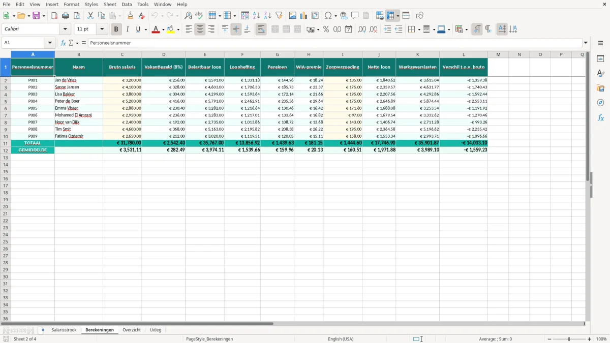 Captura de tela 2: Aba Berekeningen - Planilha Excel salarisstrook excel template voorbeeld