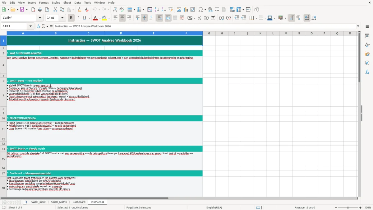 Captura de tela 4: Aba Instructies - Planilha Excel swot analyse voorbeeld excel