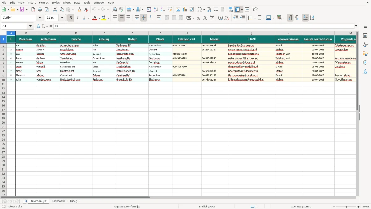 Captura de tela 1: Aba Telefoonlijst - Planilha Excel telefoonlijst voorbeeld excel