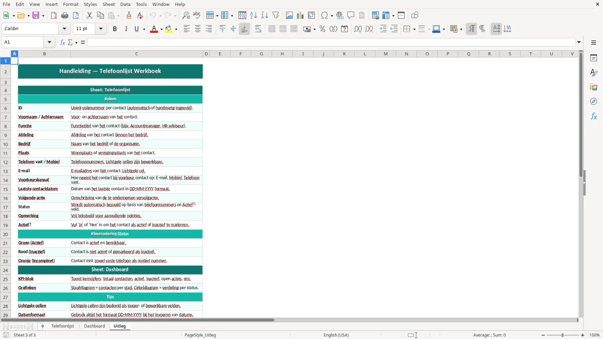 Captura de tela 3: Aba Uitleg - Planilha Excel telefoonlijst voorbeeld excel