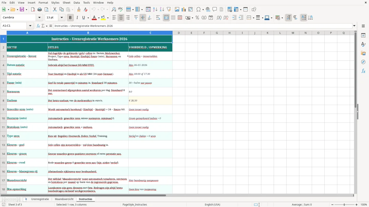 Captura de tela 3: Aba Instructies - Planilha Excel urenregistratie excel voorbeeld werknemer