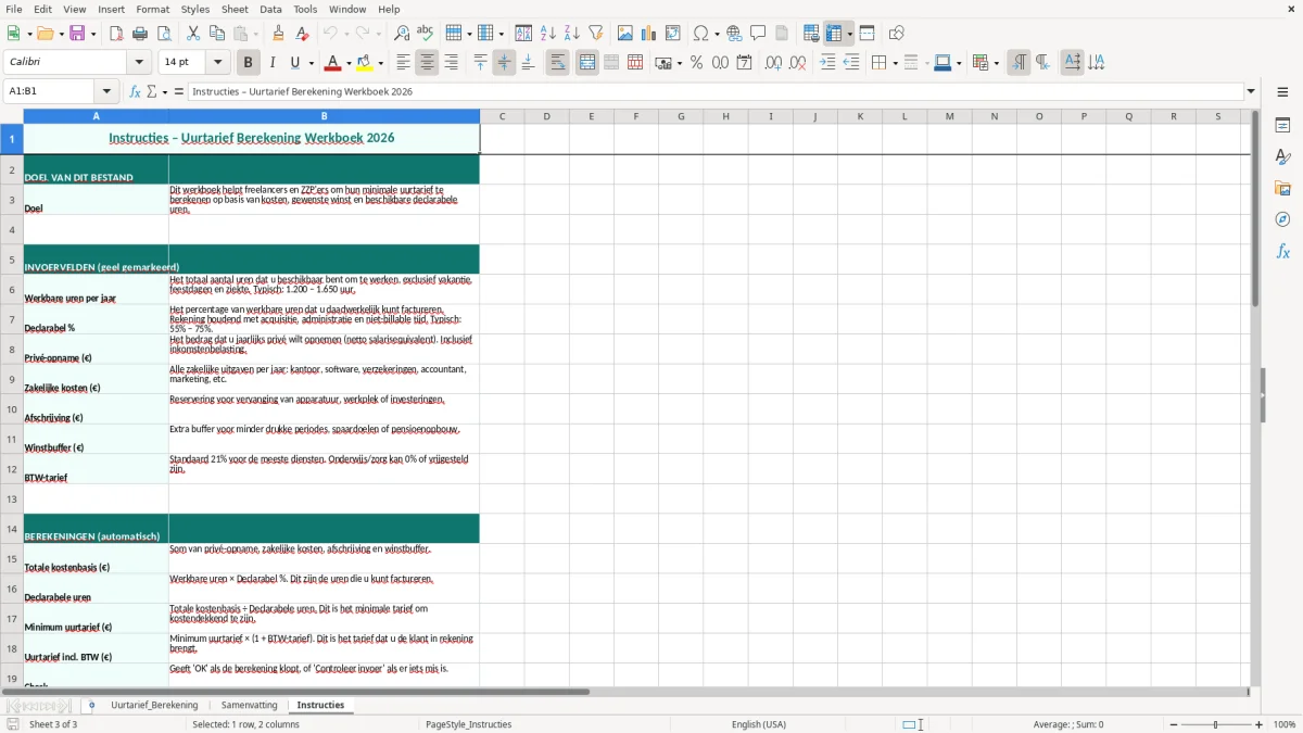 Captura de tela 3: Aba Instructies - Planilha Excel uurtarief berekenen voorbeeld excel
