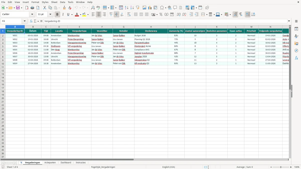 Captura de tela 1: Aba Vergaderingen - Planilha Excel vergaderverslag voorbeeld excel