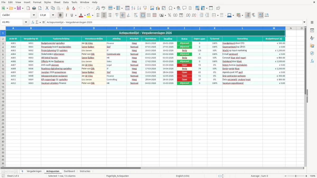 Captura de tela 2: Aba Actiepunten - Planilha Excel vergaderverslag voorbeeld excel