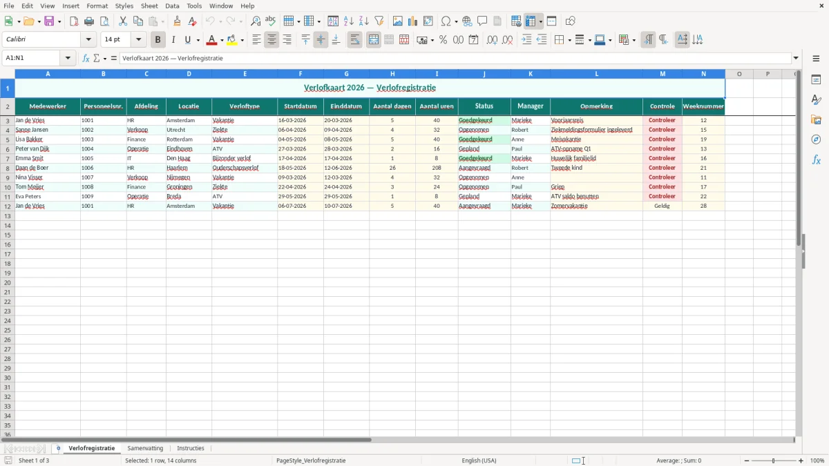 Captura de tela 1: Aba Verlofregistratie - Planilha Excel verlofkaart voorbeeld excel
