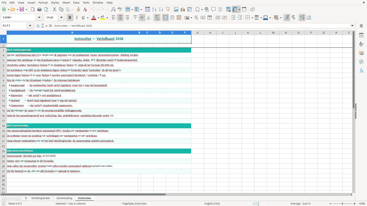 Captura de tela 3: Aba Instructies - Planilha Excel verlofkaart voorbeeld excel