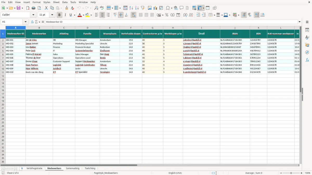 Captura de tela 2: Aba Medewerkers - Planilha Excel verlofregistratie excel sjabloon medewerker