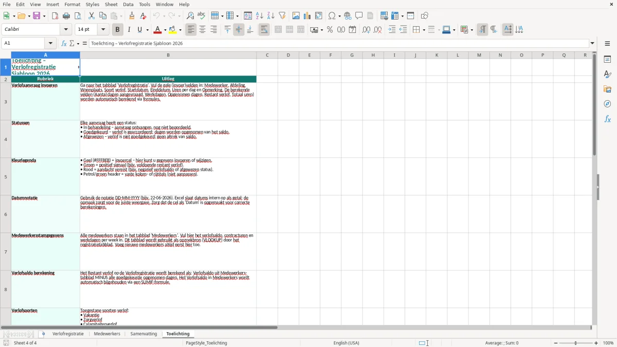 Captura de tela 4: Aba Toelichting - Planilha Excel verlofregistratie excel sjabloon medewerker