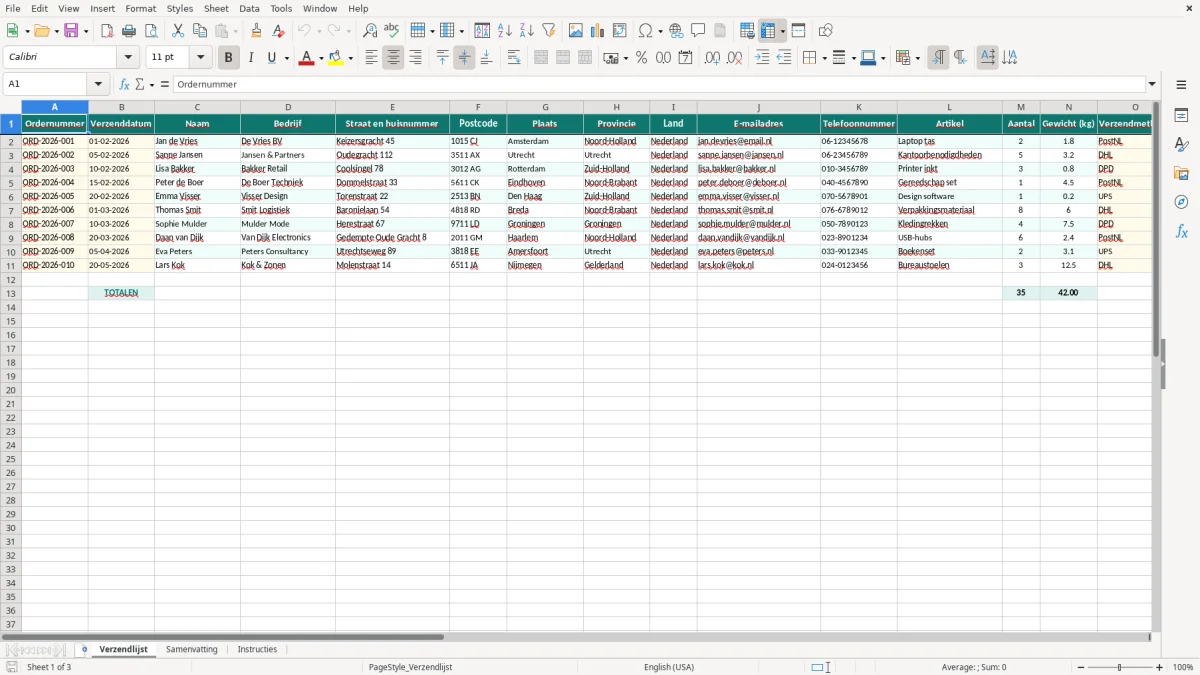 Captura de tela 1: Aba Verzendlijst - Planilha Excel verzendlijst voorbeeld excel