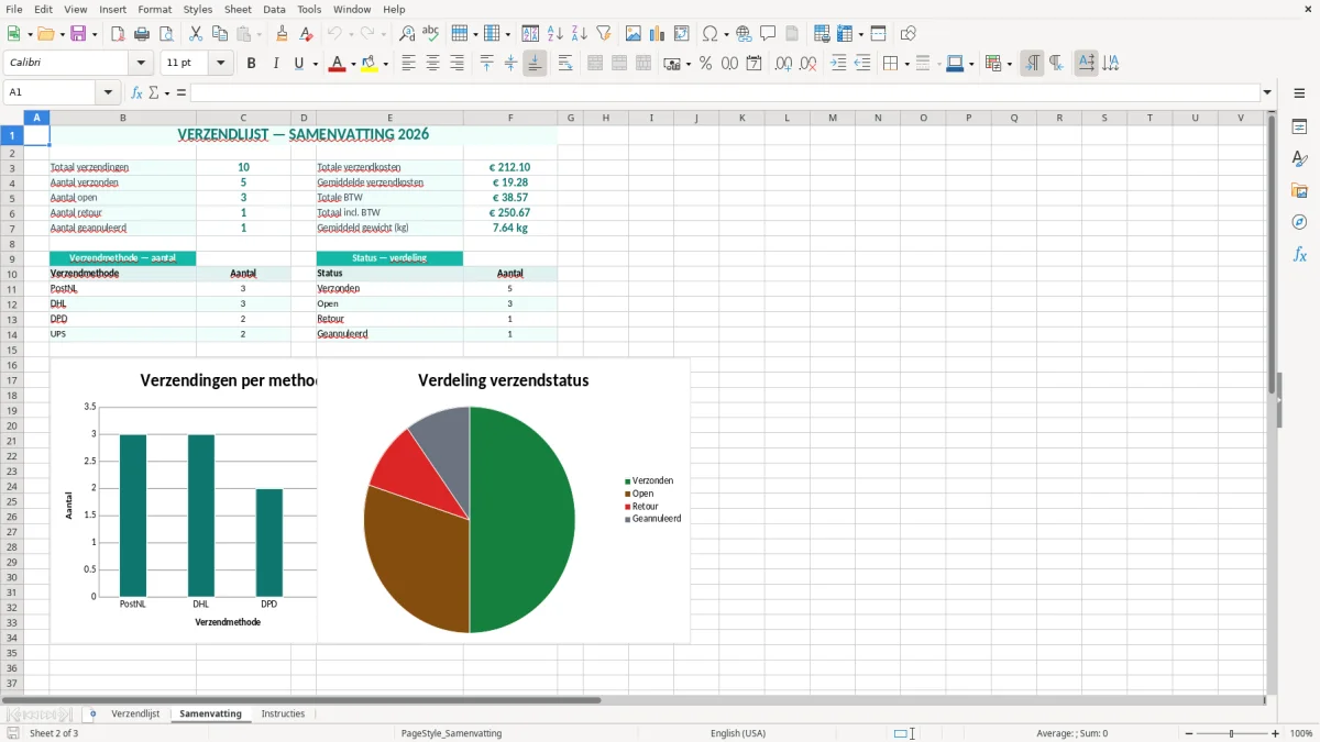 Captura de tela 2: Aba Samenvatting - Planilha Excel verzendlijst voorbeeld excel