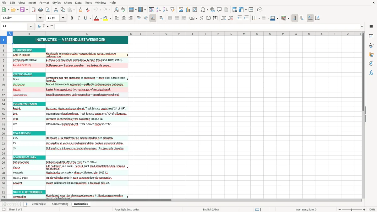 Captura de tela 3: Aba Instructies - Planilha Excel verzendlijst voorbeeld excel