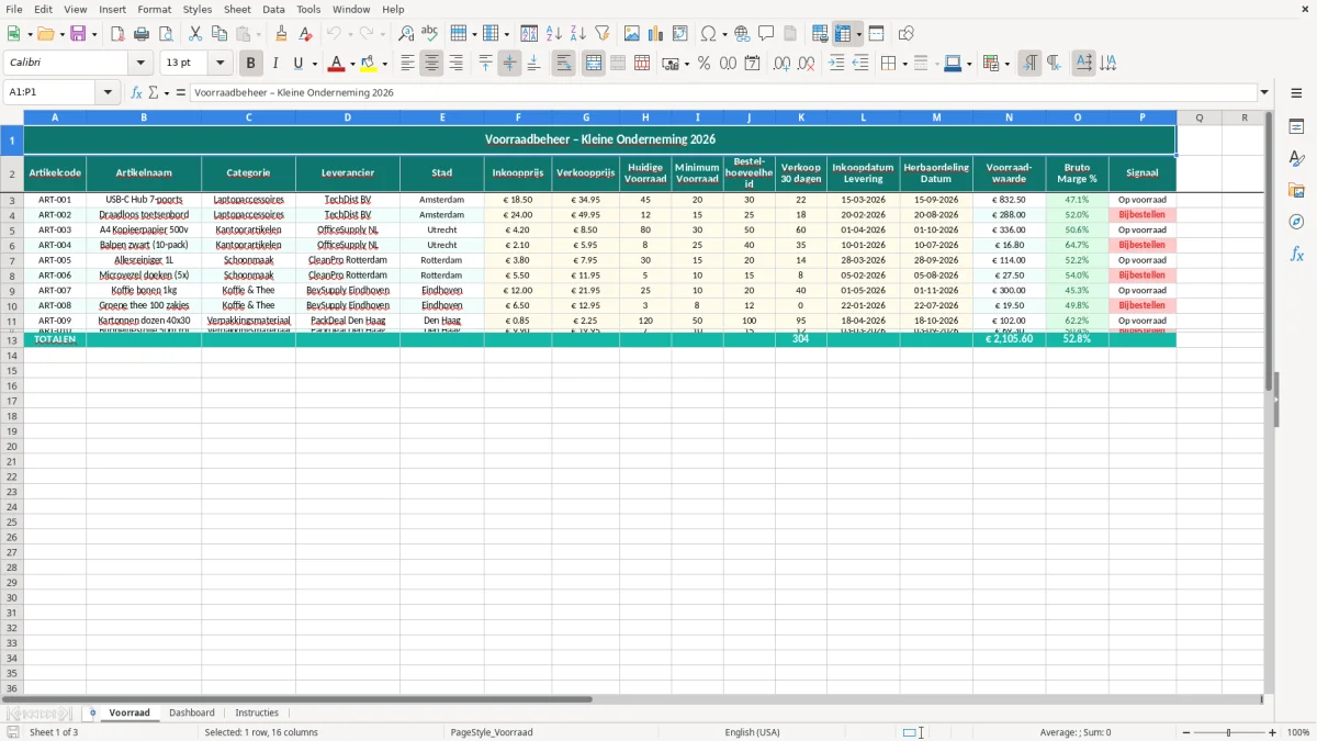 Captura de tela 1: Aba Voorraad - Planilha Excel voorraadbeheer excel sjabloon kleine onderneming