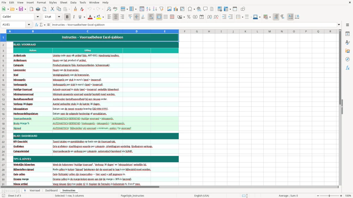 Captura de tela 3: Aba Instructies - Planilha Excel voorraadbeheer excel sjabloon kleine onderneming