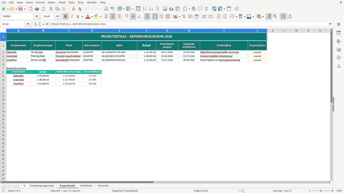Captura de tela 2: Aba Projectdetails - Planilha Excel voortgangsrapportage voorbeeld excel