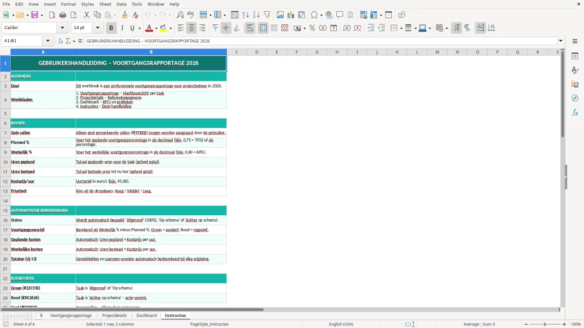 Captura de tela 4: Aba Instructies - Planilha Excel voortgangsrapportage voorbeeld excel