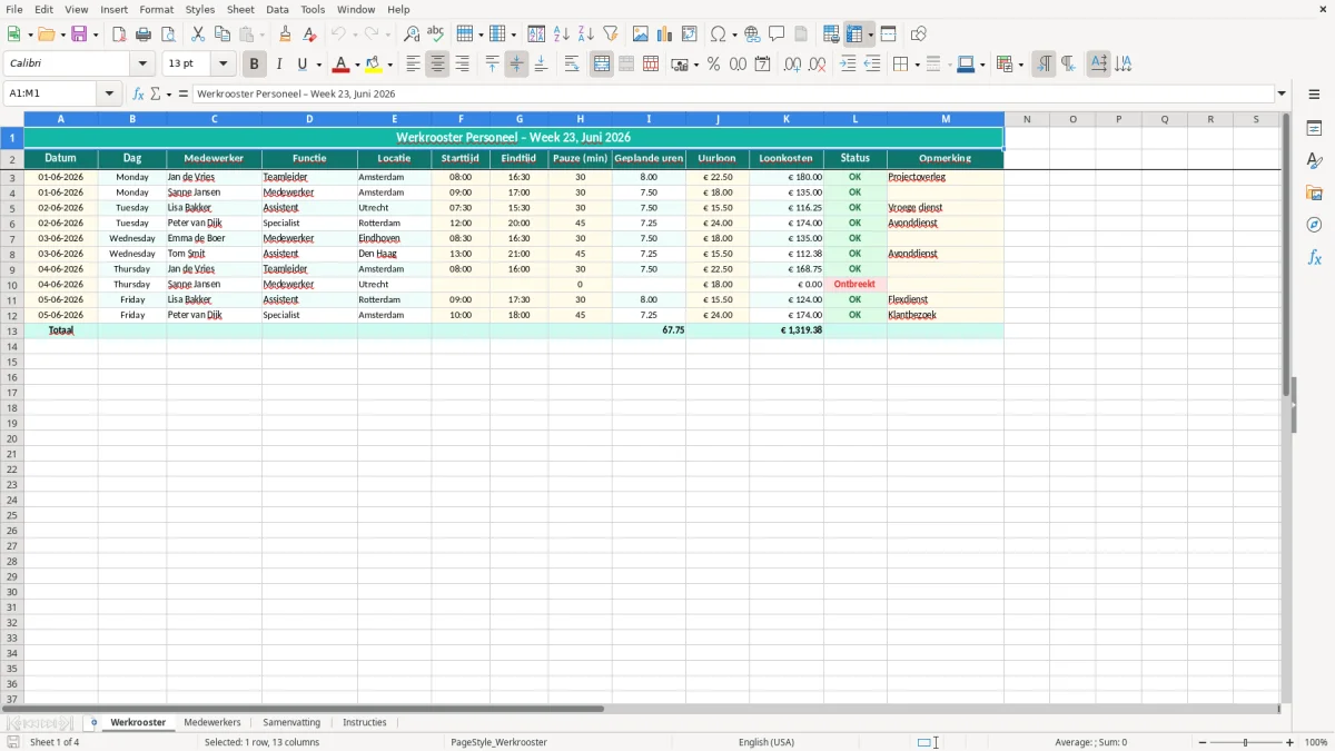 Captura de tela 1: Aba Werkrooster - Planilha Excel werkrooster personeel excel voorbeeld