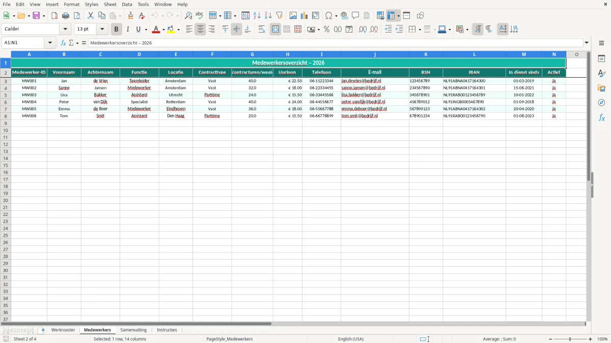 Captura de tela 2: Aba Medewerkers - Planilha Excel werkrooster personeel excel voorbeeld