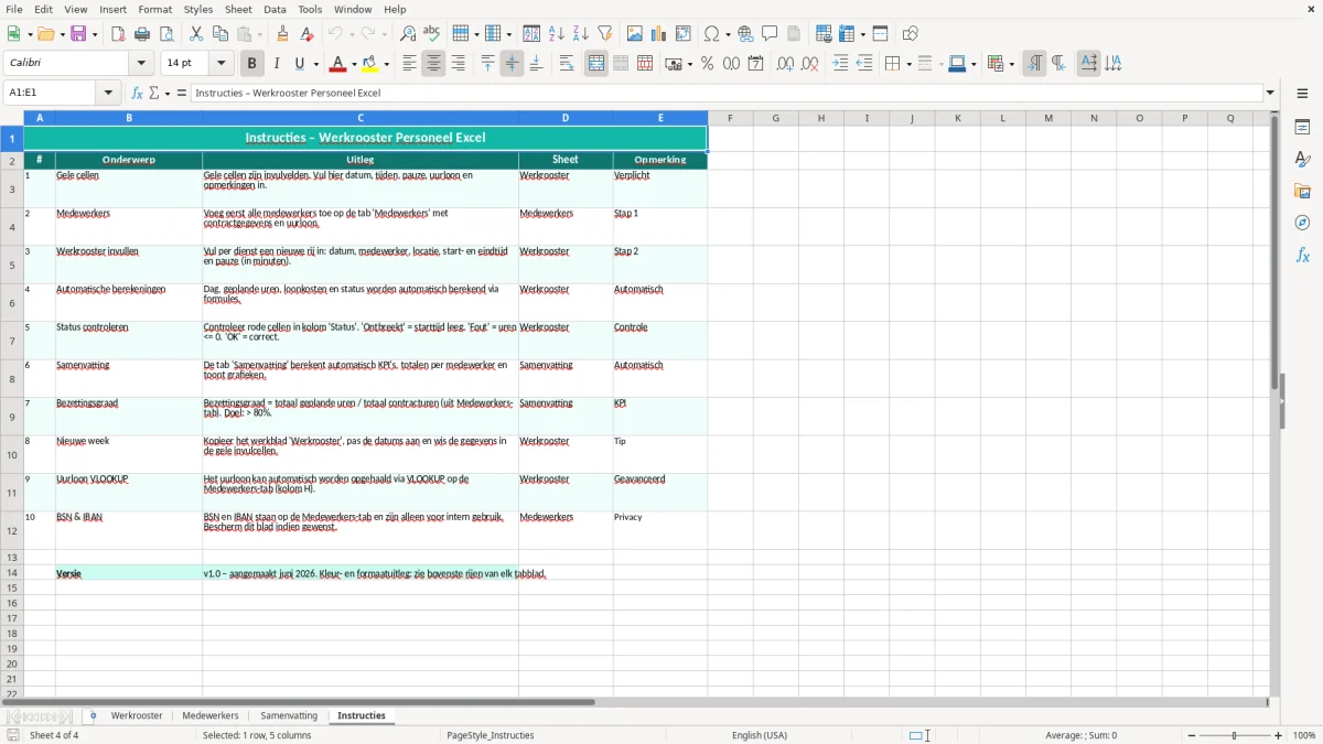 Captura de tela 4: Aba Instructies - Planilha Excel werkrooster personeel excel voorbeeld
