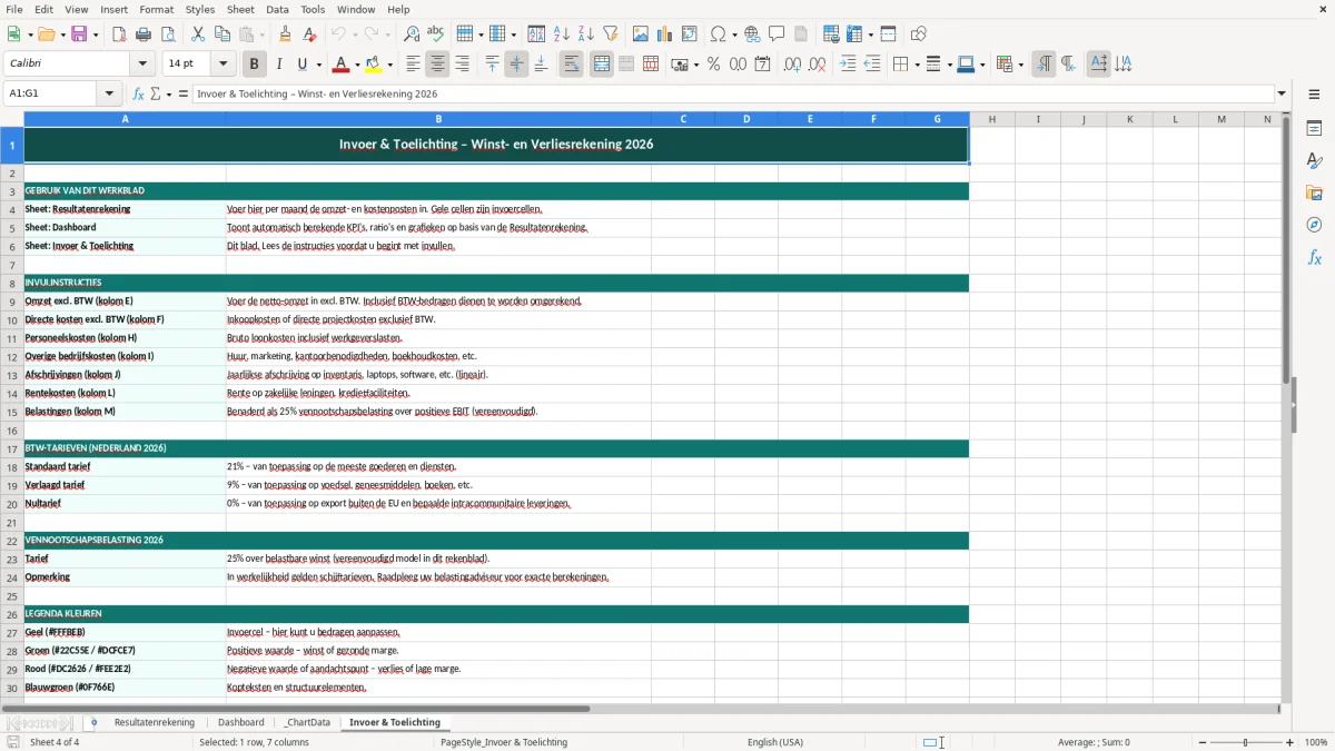 Captura de tela 4: Aba Invoer & Toelichting - Planilha Excel winst en verliesrekening voorbeeld excel