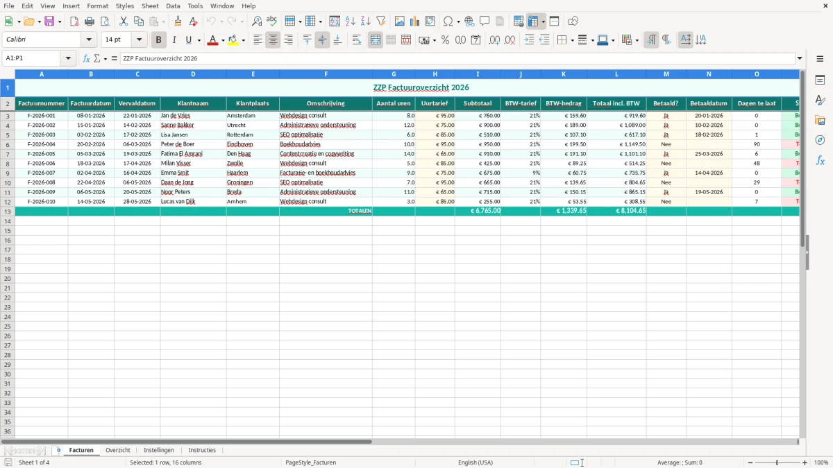 Captura de tela 1: Aba Facturen - Planilha Excel zzp factuur voorbeeld excel
