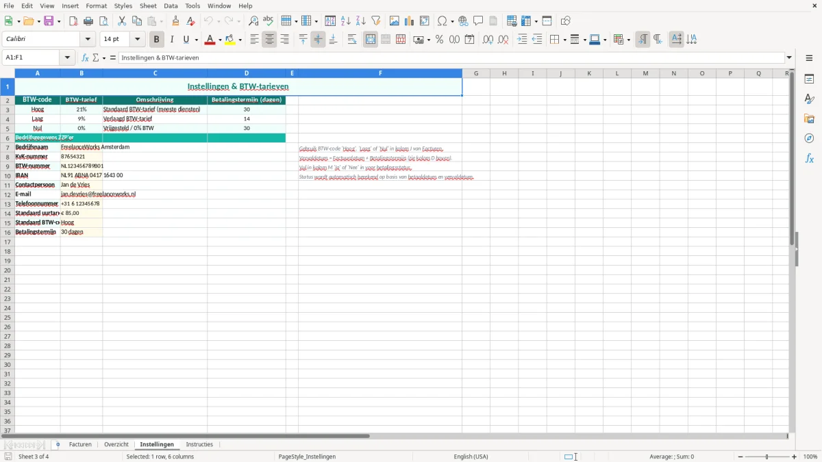 Captura de tela 3: Aba Instellingen - Planilha Excel zzp factuur voorbeeld excel