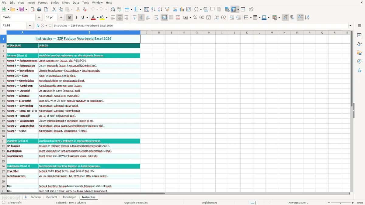 Captura de tela 4: Aba Instructies - Planilha Excel zzp factuur voorbeeld excel