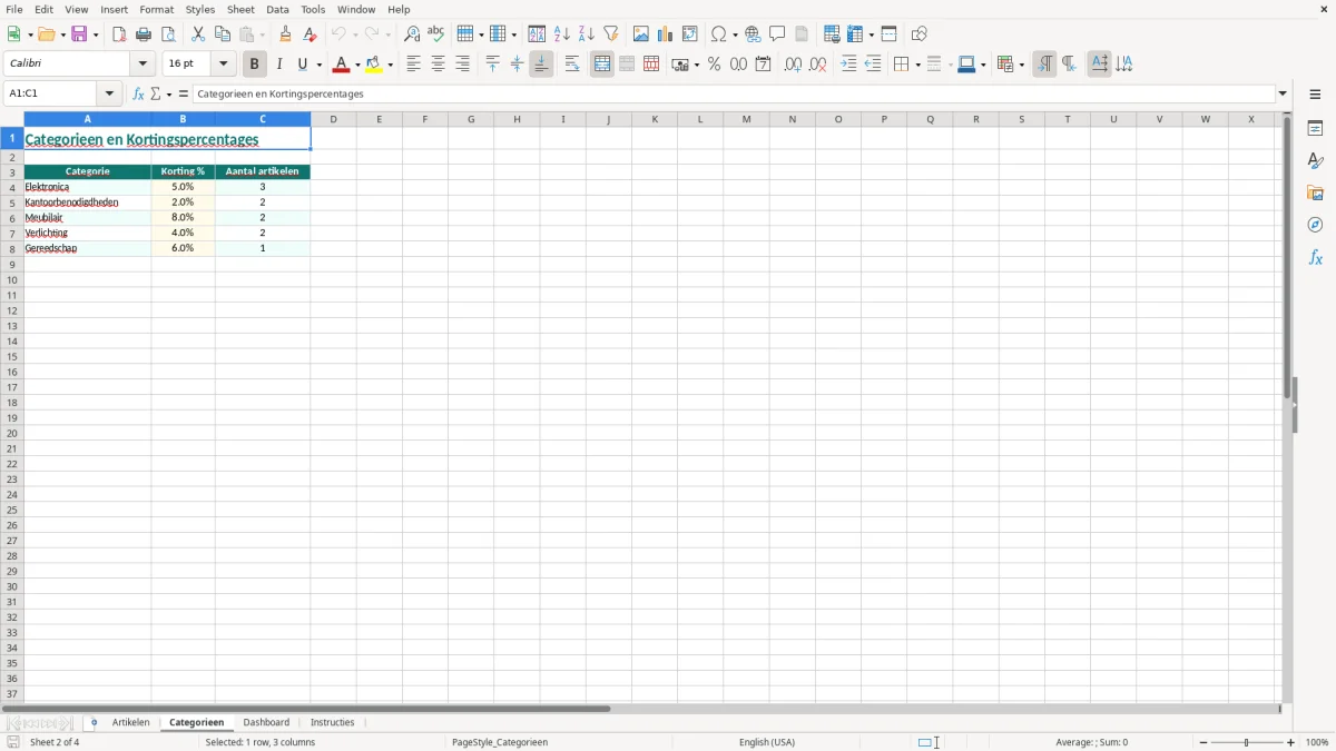 Captura de tela 2: Aba Categorieen - Planilha Excel artikelgegevens voorbeeld excel