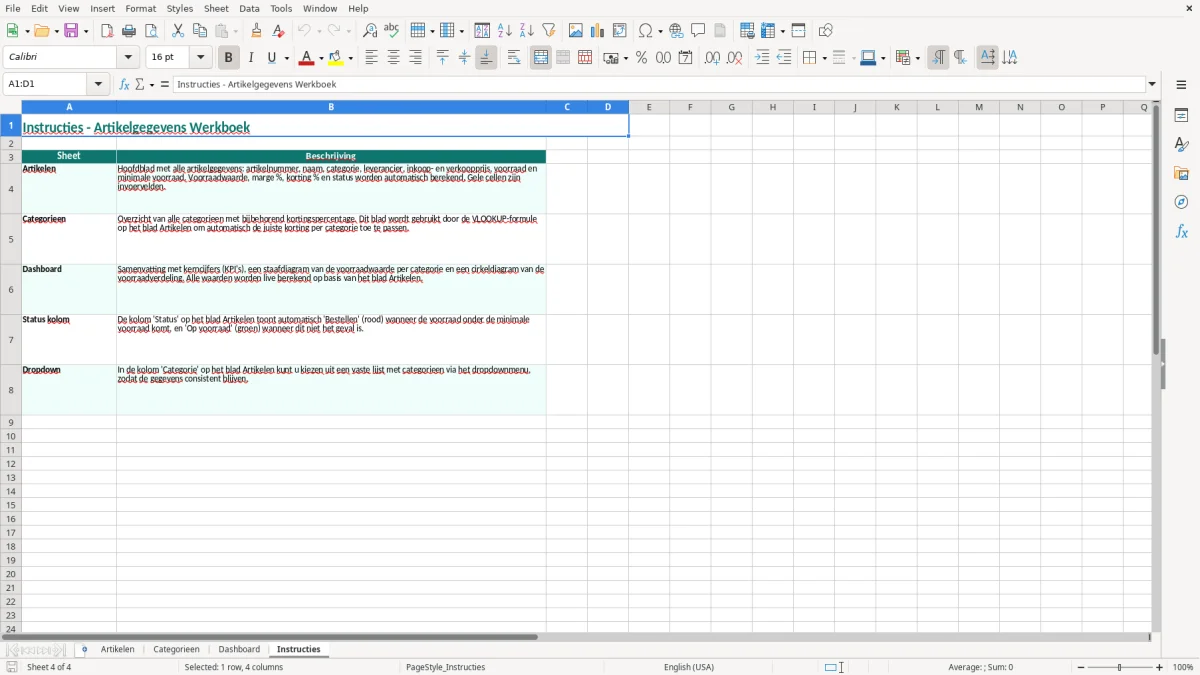 Captura de tela 4: Aba Instructies - Planilha Excel artikelgegevens voorbeeld excel