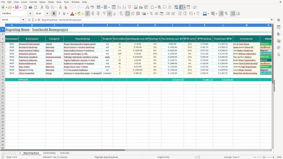 Captura de tela 1: Aba Begroting Bouw - Planilha Excel begroting bouw voorbeeld excel