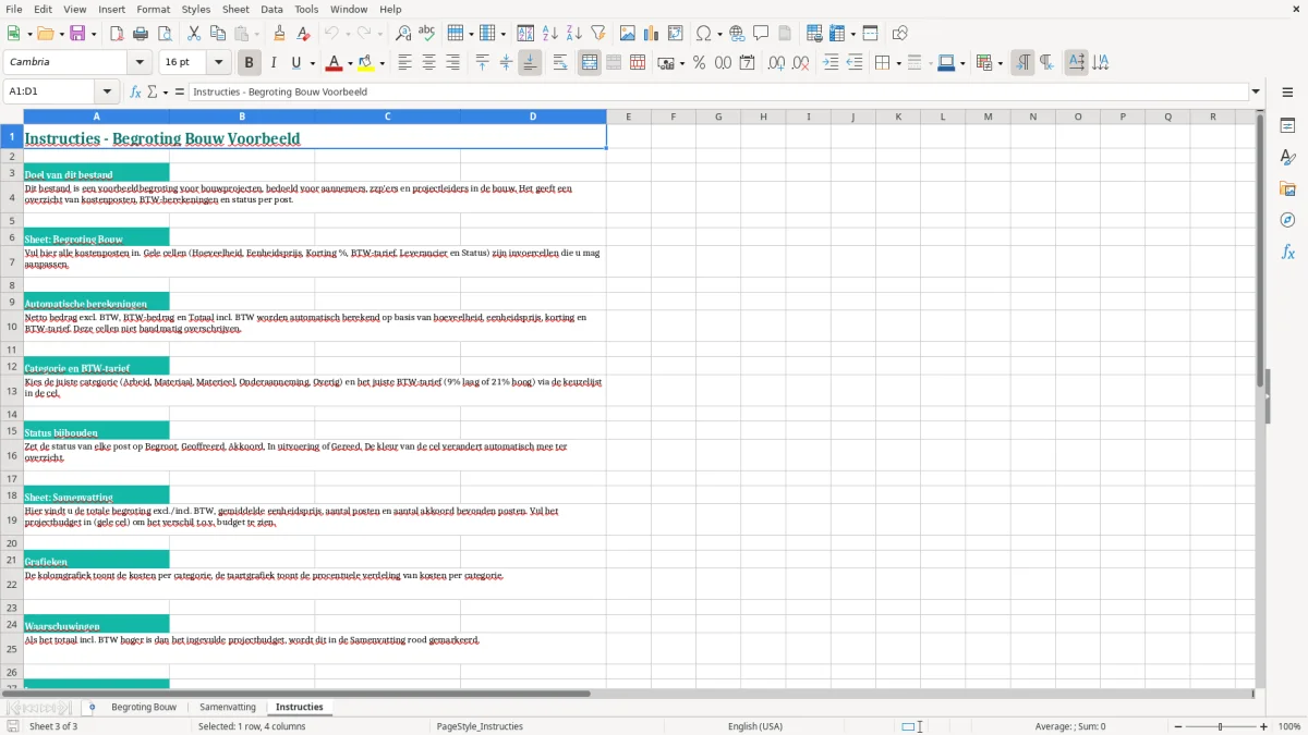 Captura de tela 3: Aba Instructies - Planilha Excel begroting bouw voorbeeld excel