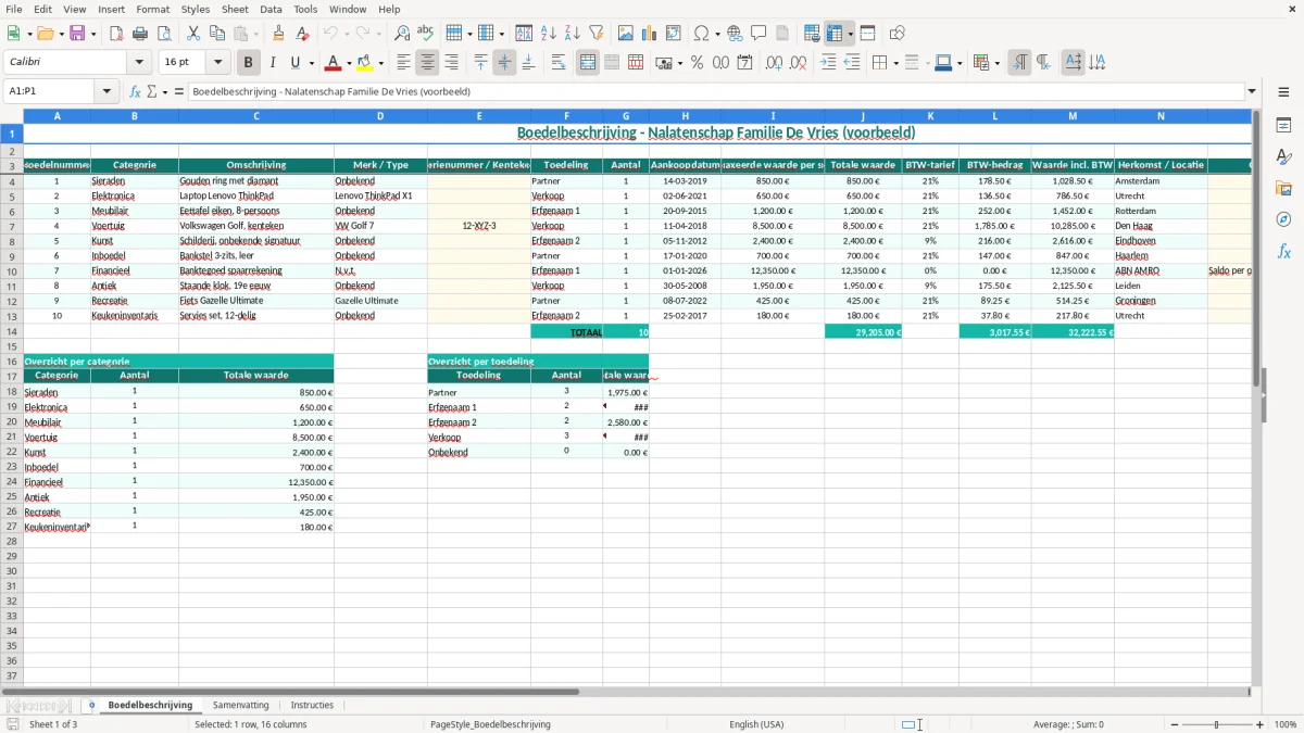 Captura de tela 1: Aba Boedelbeschrijving - Planilha Excel boedelbeschrijving voorbeeld excel
