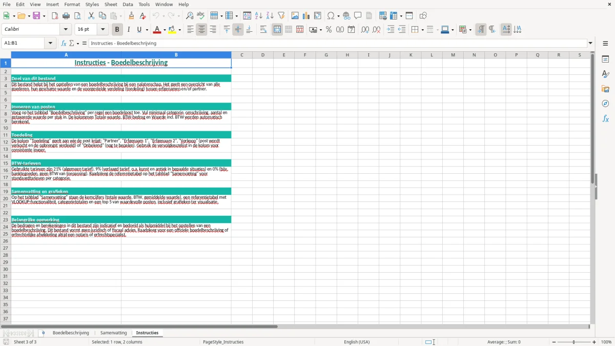 Captura de tela 3: Aba Instructies - Planilha Excel boedelbeschrijving voorbeeld excel