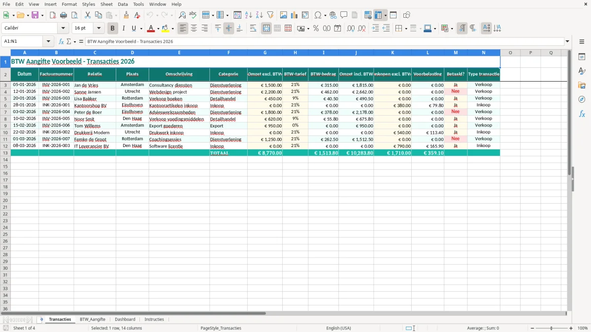 Captura de tela 1: Aba Transacties - Planilha Excel btw aangifte voorbeeld excel