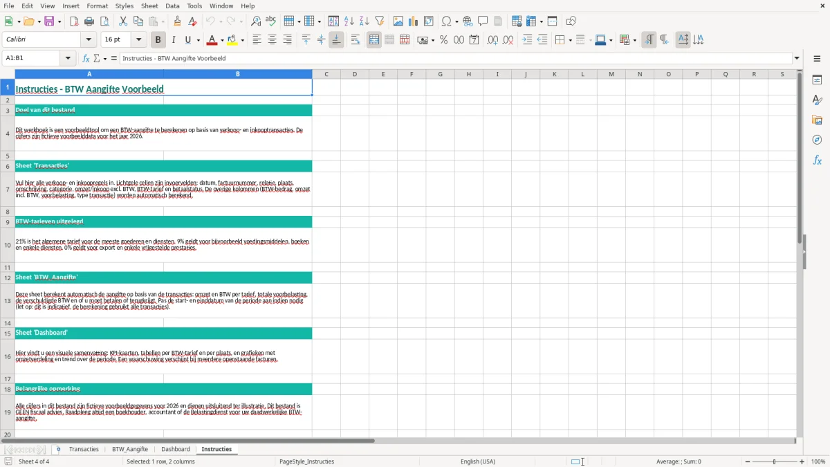 Captura de tela 4: Aba Instructies - Planilha Excel btw aangifte voorbeeld excel