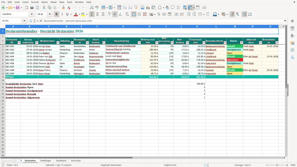 Captura de tela 1: Aba Declaraties - Planilha Excel declaratieformulier voorbeeld excel