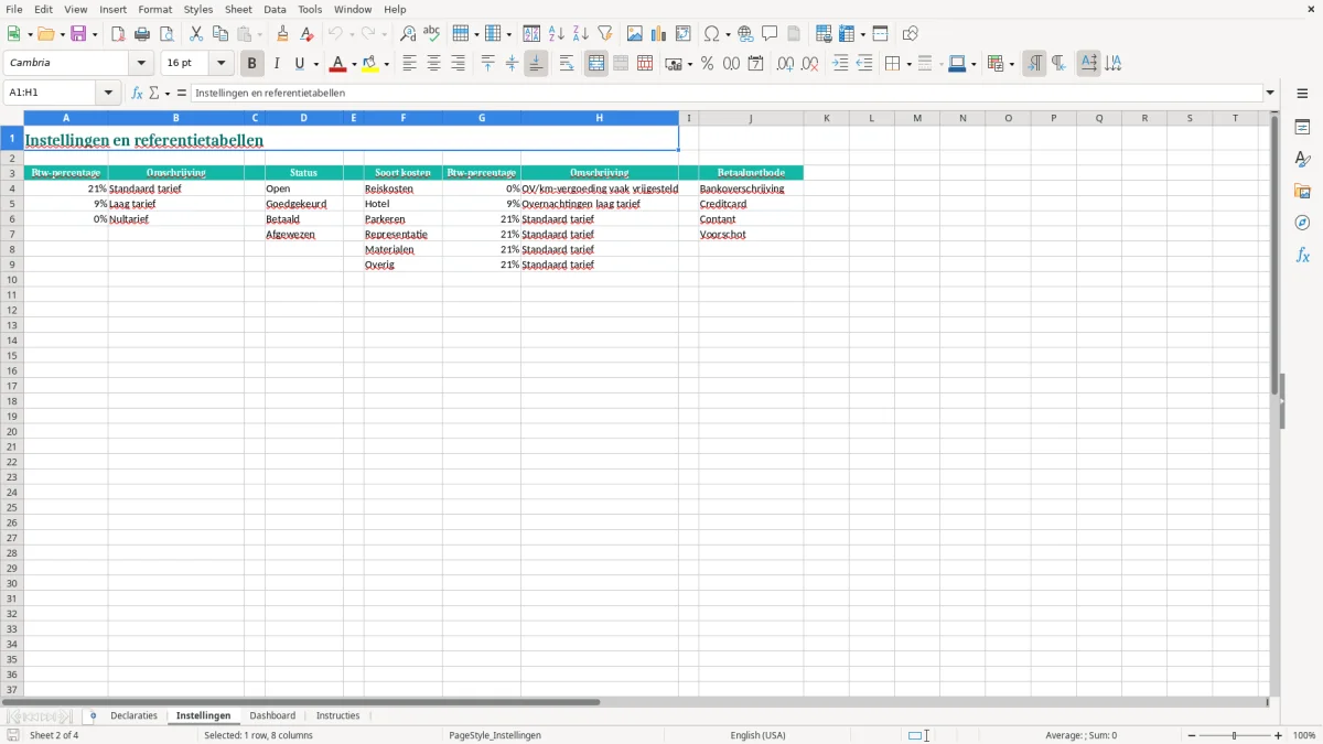Captura de tela 2: Aba Instellingen - Planilha Excel declaratieformulier voorbeeld excel