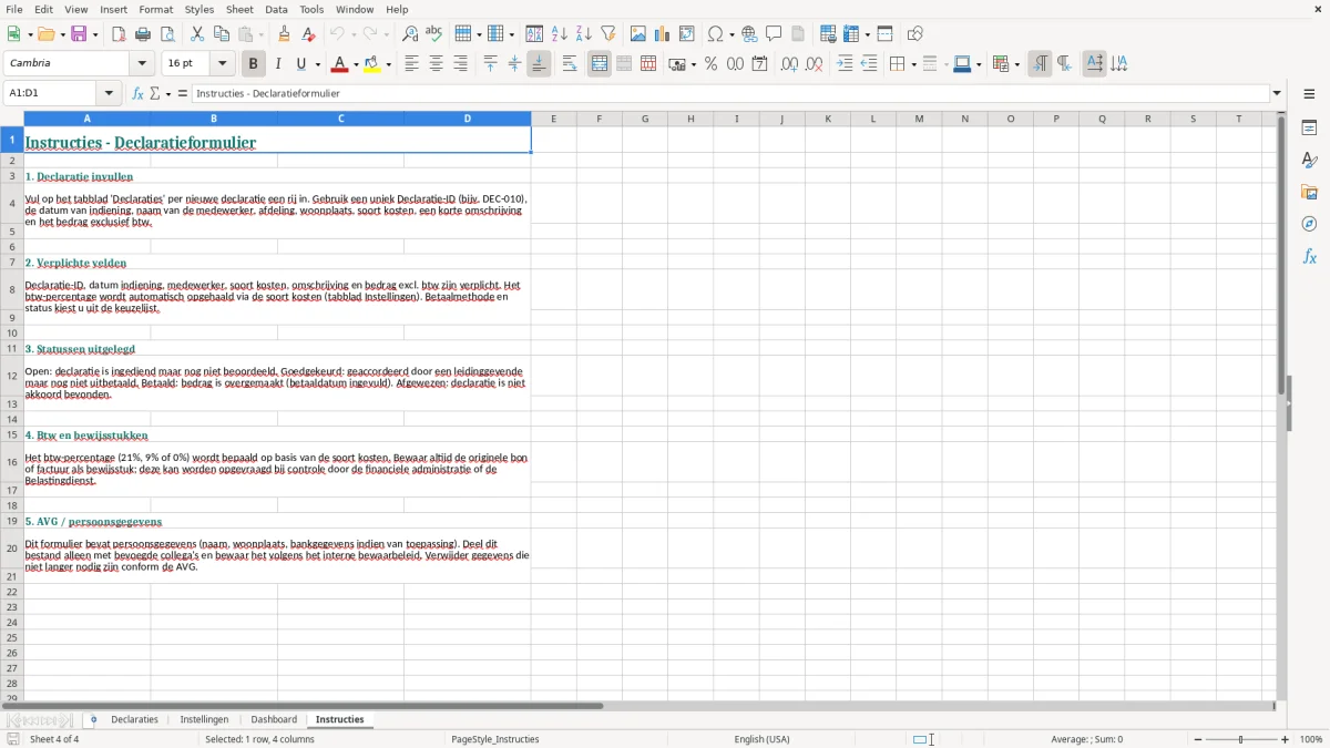 Captura de tela 4: Aba Instructies - Planilha Excel declaratieformulier voorbeeld excel