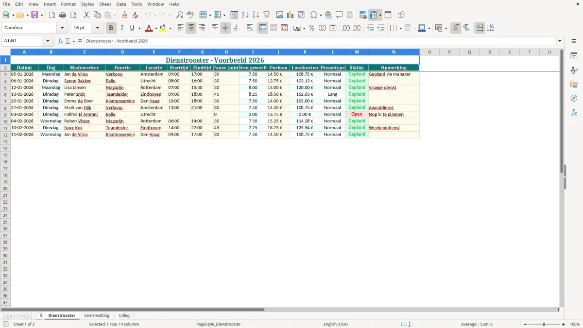 Captura de tela 1: Aba Dienstrooster - Planilha Excel dienstrooster voorbeeld excel
