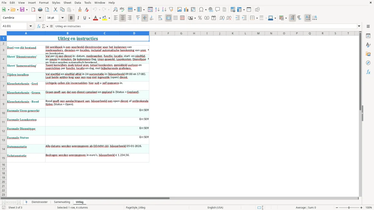 Captura de tela 3: Aba Uitleg - Planilha Excel dienstrooster voorbeeld excel