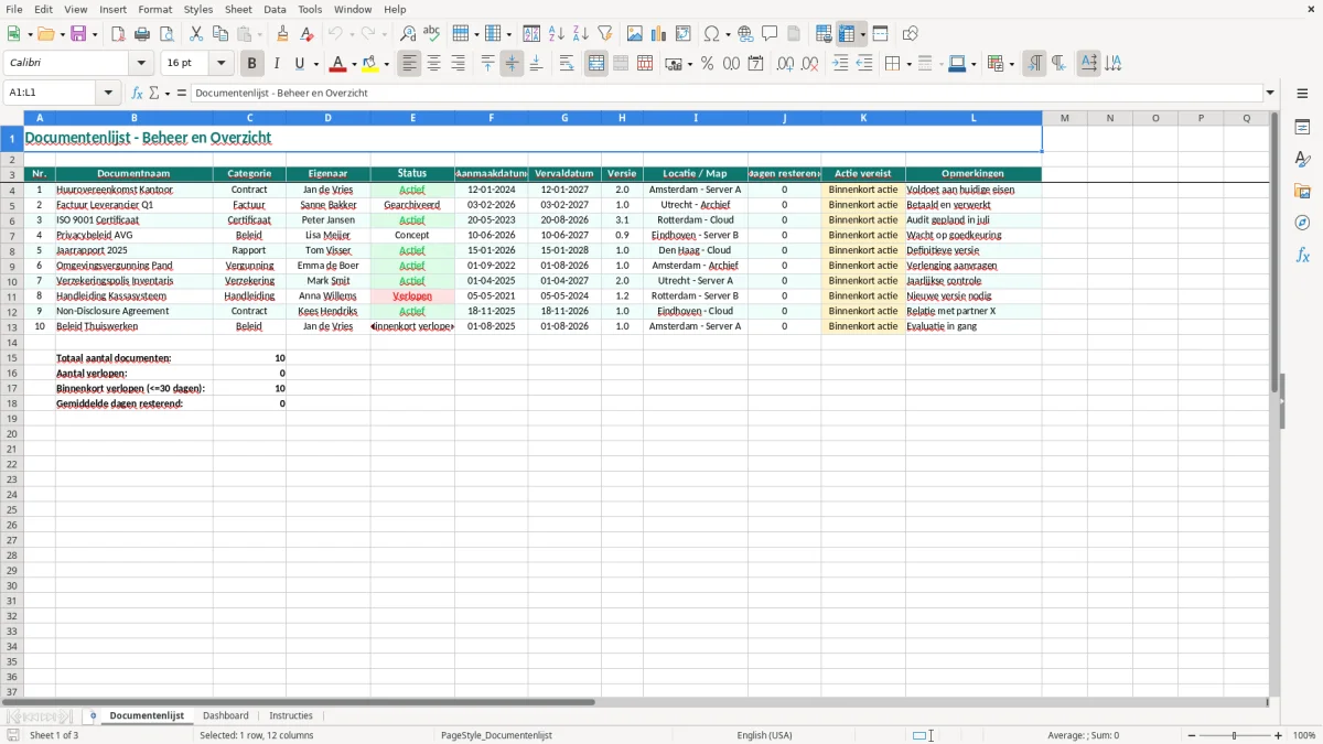 Captura de tela 1: Aba Documentenlijst - Planilha Excel documentenlijst voorbeeld excel