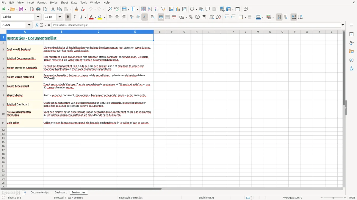 Captura de tela 3: Aba Instructies - Planilha Excel documentenlijst voorbeeld excel