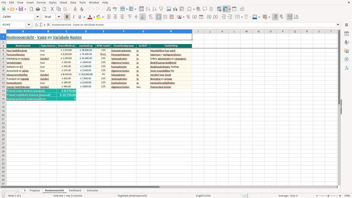Captura de tela 2: Aba Kostenoverzicht - Planilha Excel financiële prognose voorbeeld excel