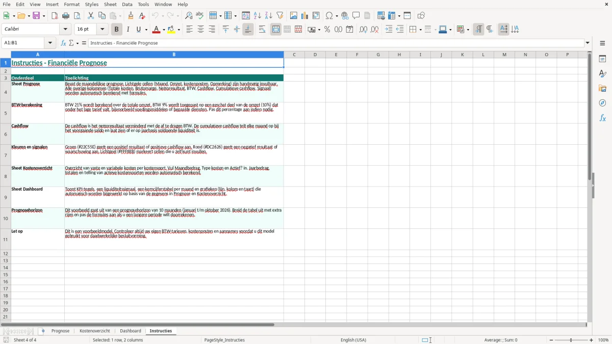 Captura de tela 4: Aba Instructies - Planilha Excel financiële prognose voorbeeld excel