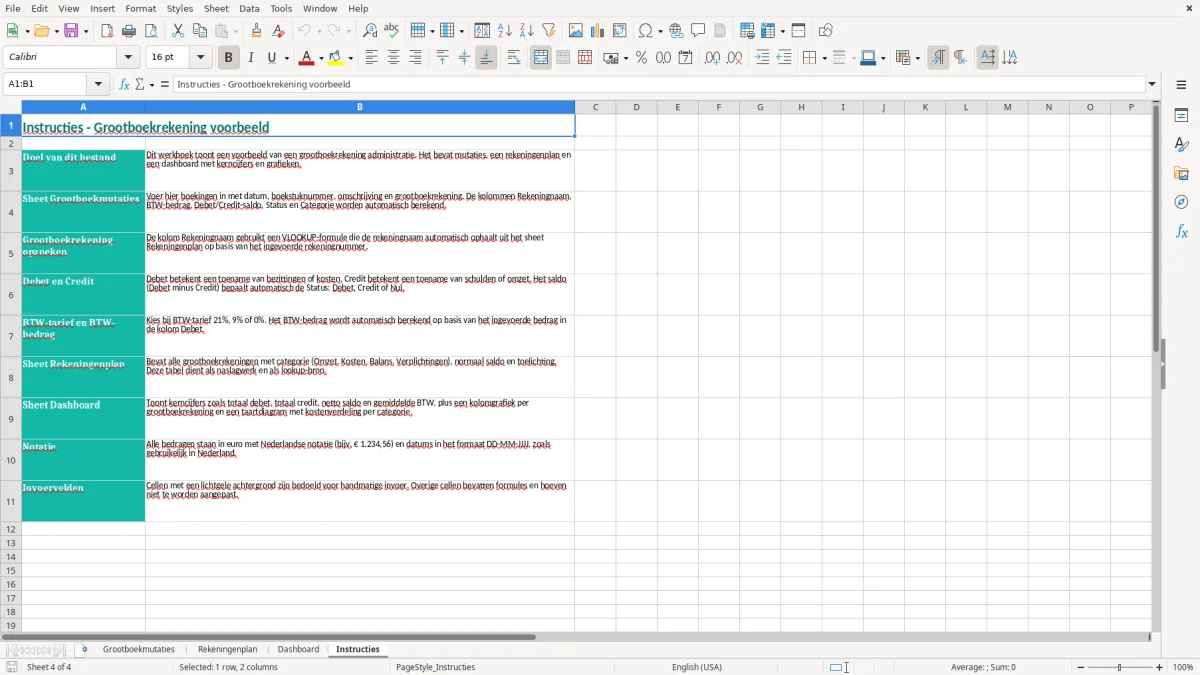Captura de tela 4: Aba Instructies - Planilha Excel grootboekrekening voorbeeld excel