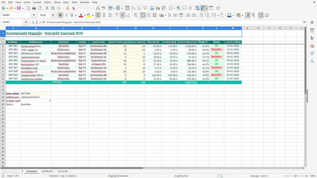 Captura de tela 1: Aba Inventaris - Planilha Excel inventarisatie voorbeeld excel