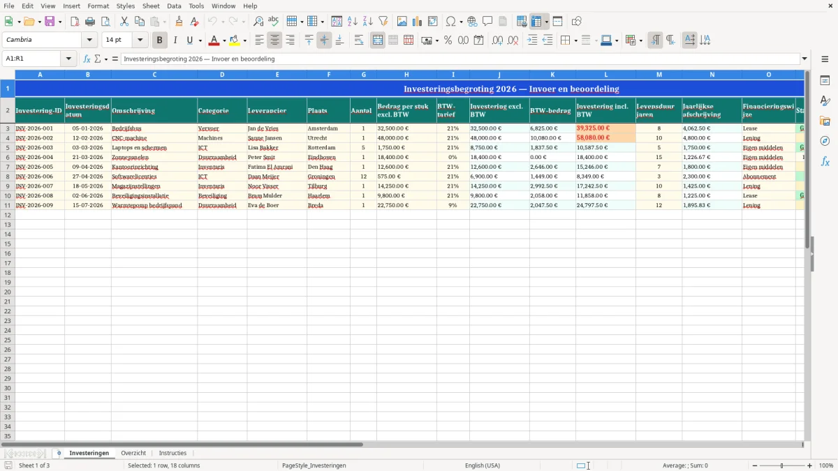 Captura de tela 1: Aba Investeringen - Planilha Excel investeringsbegroting voorbeeld excel